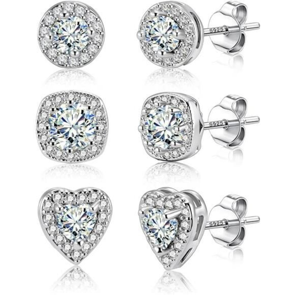 Sterling Silver Cubic Zirconia Stud Earrings Set Round Heart Square Jewelry - Picture 1 of 7
